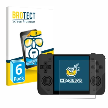 Front side of a product packaging with the brand logo BROTECT. Next to it is the device Powkiddy RGB30 shown with the correspo