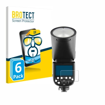 Front side of a product packaging with the brand logo BROTECT. Next to it is the device Godox V1 shown with the corresponding 