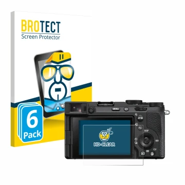Front side of a product packaging with the brand logo BROTECT. Next to it is the device Sony Alpha 7CR shown with the correspo