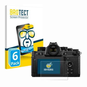 Front side of a product packaging with the brand logo BROTECT. Next to it is the device Nikon Z F shown with the corresponding