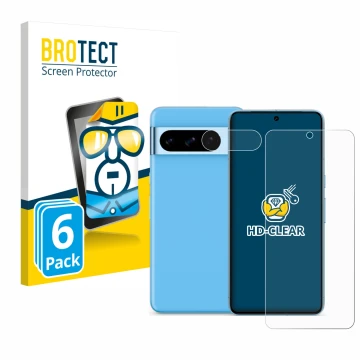 Front side of a product packaging with the brand logo BROTECT. Next to it is the device Google Pixel 8 Pro (Front+Camera) show