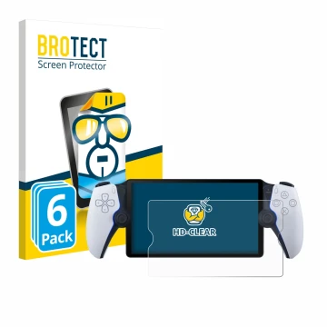 Front side of a product packaging with the brand logo BROTECT. Next to it is the device Sony Playstation Portal shown with the