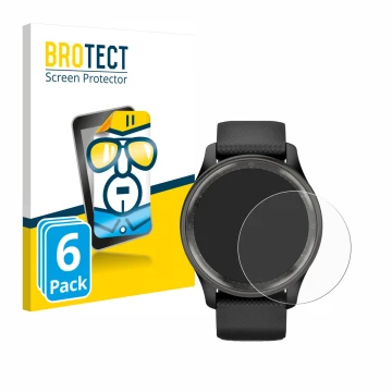 Front side of a product packaging with the brand logo BROTECT. Next to it is the device Garmin Vivomove Trend shown with the c