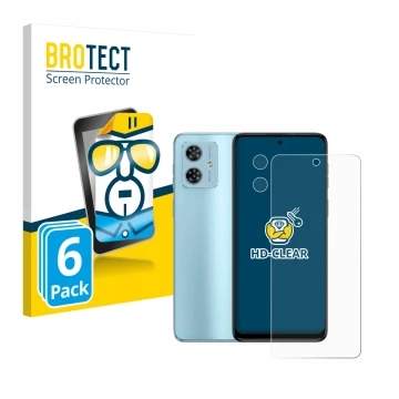 Front side of a product packaging with the brand logo BROTECT. Next to it is the device Motorola Moto G54 (Front+Camera) shown