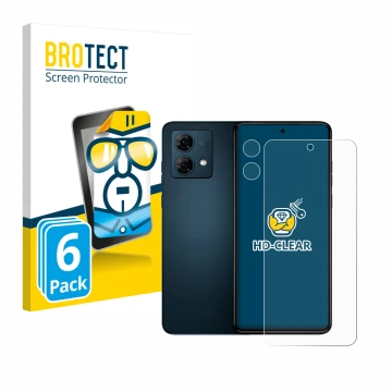 Front side of a product packaging with the brand logo BROTECT. Next to it is the device Motorola Moto G84 (Front+Camera) shown