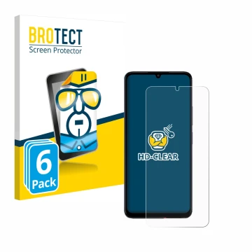 Front side of a product packaging with the brand logo BROTECT. Next to it is the device Xiaomi Poco C65 shown with the corresp