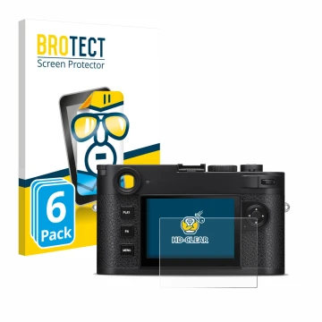 Front side of a product packaging with the brand logo BROTECT. Next to it is the device Leica M11-P shown with the correspondi
