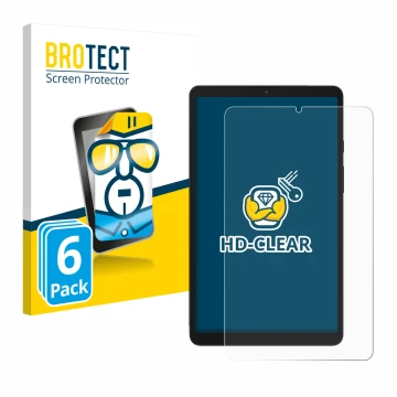 Front side of a product packaging with the brand logo BROTECT. Next to it is the device Samsung Galaxy Tab A9 LTE shown with t