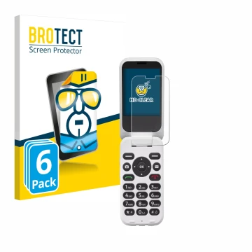 Front side of a product packaging with the brand logo BROTECT. Next to it is the device Doro 6820 shown with the corresponding