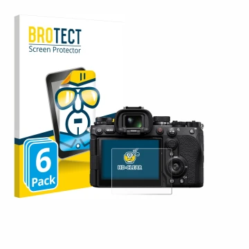 Front side of a product packaging with the brand logo BROTECT. Next to it is the device Sony Alpha 9 III shown with the corres