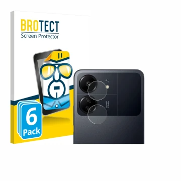 Front side of a product packaging with the brand logo BROTECT. Next to it is the device Xiaomi Poco C65 (ONLY Camera Lens) sho