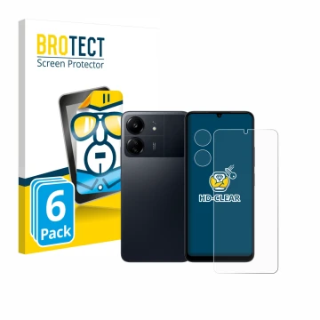 Front side of a product packaging with the brand logo BROTECT. Next to it is the device Xiaomi Poco C65 (Front+Camera) shown w