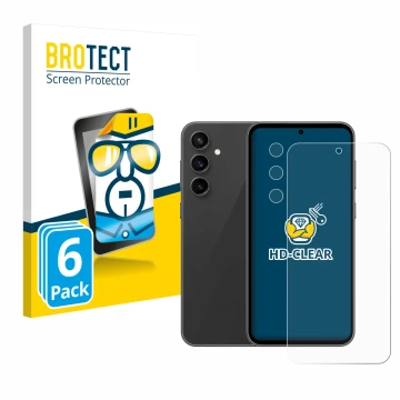 Front side of a product packaging with the brand logo BROTECT. Next to it is the device Samsung Galaxy S23 FE (Front+Camera) s