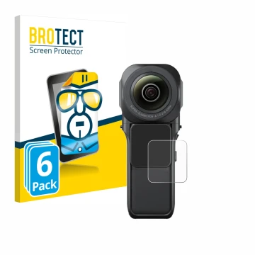 Front side of a product packaging with the brand logo BROTECT. Next to it is the device Insta360 One RS 1-Zoll 360 shown with 