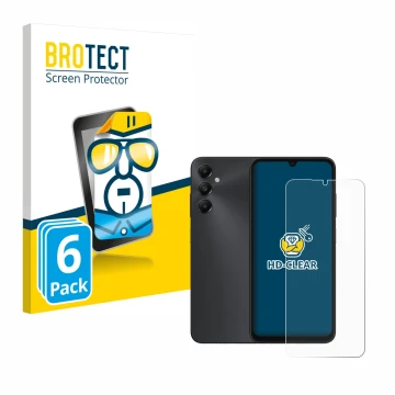 Front side of a product packaging with the brand logo BROTECT. Next to it is the device Samsung Galaxy A05s shown with the cor