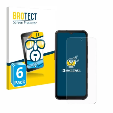 Front side of a product packaging with the brand logo BROTECT. Next to it is the device Samsung Galaxy XCover 7 shown with the