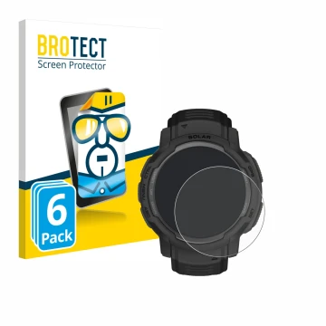 Front side of a product packaging with the brand logo BROTECT. Next to it is the device Garmin Instinct Crossover AMOLED shown