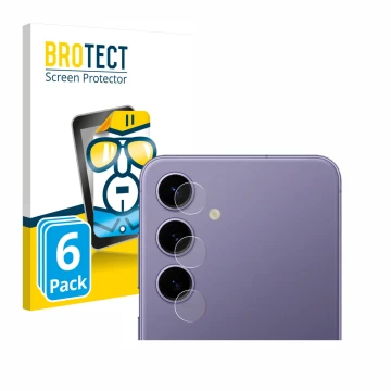 Front side of a product packaging with the brand logo BROTECT. Next to it is the device Samsung Galaxy S24 (ONLY Camera Lens) 
