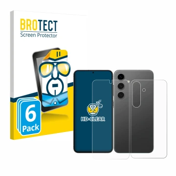 Front side of a product packaging with the brand logo BROTECT. Next to it is the device Samsung Galaxy S24 (Front+Back) shown 