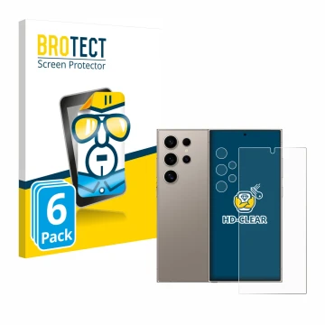 Front side of a product packaging with the brand logo BROTECT. Next to it is the device Samsung Galaxy S24 Ultra (case-friendl