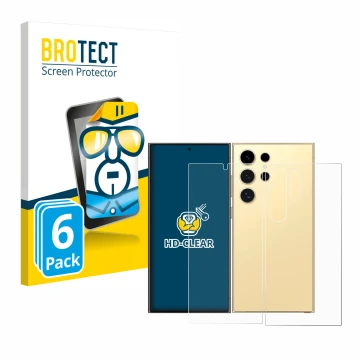 Front side of a product packaging with the brand logo BROTECT. Next to it is the device Samsung Galaxy S24 Ultra (case-friendl
