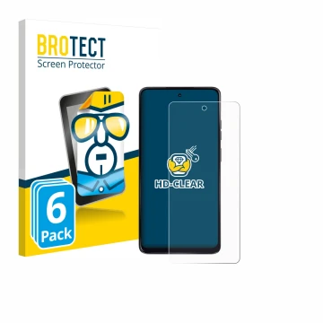 Front side of a product packaging with the brand logo BROTECT. Next to it is the device Motorola Moto G24 shown with the corre