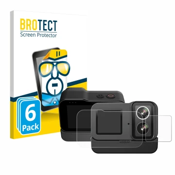Front side of a product packaging with the brand logo BROTECT. Next to it is the device SJCAM SJ20 Dual Lens shown with the co