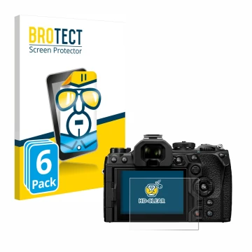 Front side of a product packaging with the brand logo BROTECT. Next to it is the device Olympus OM System OM-1 Mark II shown w