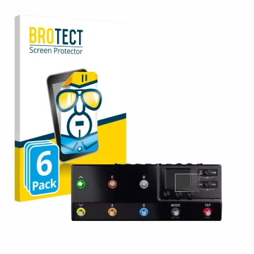 Front side of a product packaging with the brand logo BROTECT. Next to it is the device Line 6 hx stomp XL shown with the corr