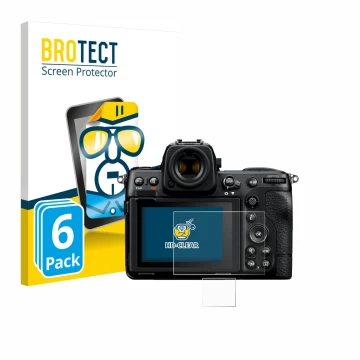 Front side of a product packaging with the brand logo BROTECT. Next to it is the device Nikon Z 8 (Display + top plate display