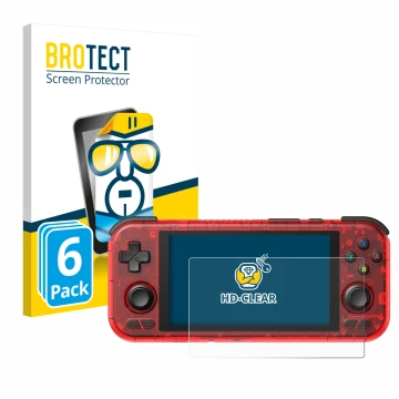 Front side of a product packaging with the brand logo BROTECT. Next to it is the device Retroid Pocket 4 Pro shown with the co