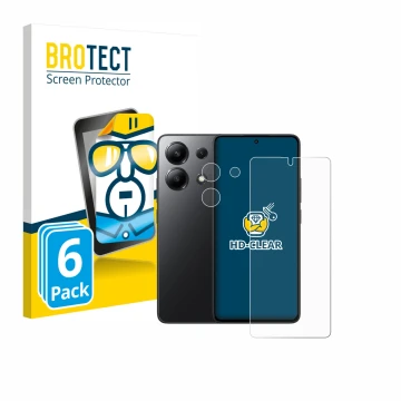 Front side of a product packaging with the brand logo BROTECT. Next to it is the device Xiaomi Redmi Note 13 5G (Front+Camera)