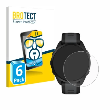 Front side of a product packaging with the brand logo BROTECT. Next to it is the device Garmin Forerunner 165 shown with the c