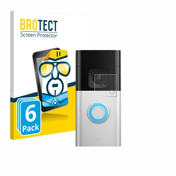Front side of a product packaging with the brand logo BROTECT. Next to it is the device Ring Video Doorbell Plus shown with th