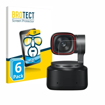 Front side of a product packaging with the brand logo BROTECT. Next to it is the device OBSBOT Tiny 2 shown with the correspon
