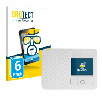 Front side of a product packaging with the brand logo BROTECT. Next to it is the device Canon Selphy CP1500 shown with the cor