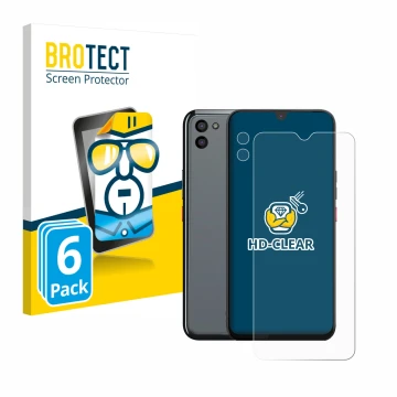Front side of a product packaging with the brand logo BROTECT. Next to it is the device Gigaset GS5 PRO SE (Front+Camera) show