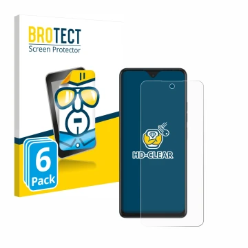 Front side of a product packaging with the brand logo BROTECT. Next to it is the device Tecno Spark 10 Pro shown with the corr