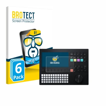 Front side of a product packaging with the brand logo BROTECT. Next to it is the device Polyend Tracker shown with the corresp