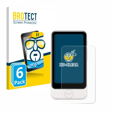 Front side of a product packaging with the brand logo BROTECT. Next to it is the device Pocketalk Plus shown with the correspo