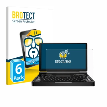 Front side of a product packaging with the brand logo BROTECT. Next to it is the device GPD Win Mini (2024) shown with the cor