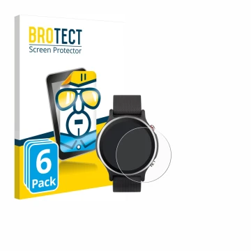 Front side of a product packaging with the brand logo BROTECT. Next to it is the device ASUS VivoWatch 6 shown with the corres