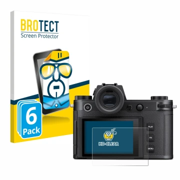 Front side of a product packaging with the brand logo BROTECT. Next to it is the device Leica SL3 shown with the corresponding