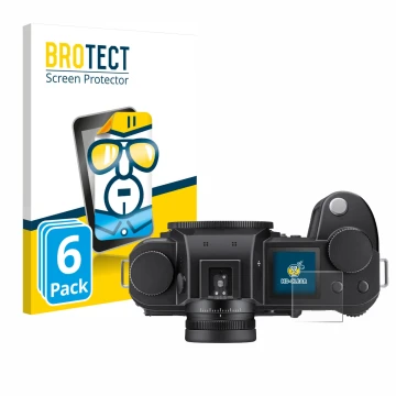 Front side of a product packaging with the brand logo BROTECT. Next to it is the device Leica SL3 (top plate display) shown wi