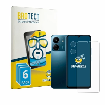 Front side of a product packaging with the brand logo BROTECT. Next to it is the device Xiaomi Redmi 13C (Front+Camera) shown 