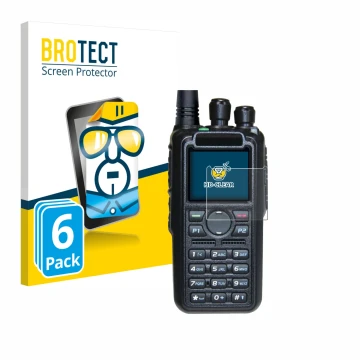 Front side of a product packaging with the brand logo BROTECT. Next to it is the device AnyTone AT-D878UV II Plus shown with t