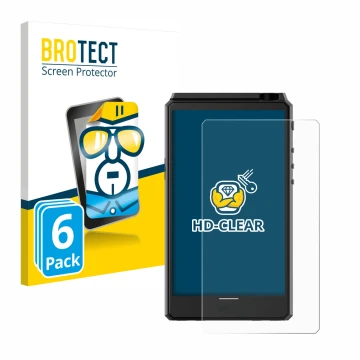 Front side of a product packaging with the brand logo BROTECT. Next to it is the device Hiby R6 III shown with the correspondi