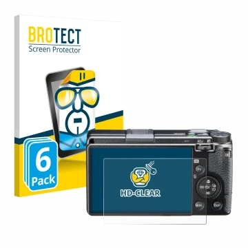 Front side of a product packaging with the brand logo BROTECT. Next to it is the device Ricoh GR III HDF shown with the corres