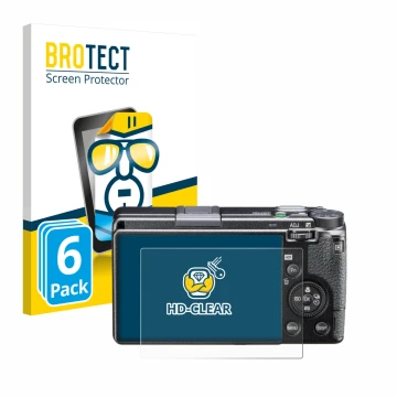 Front side of a product packaging with the brand logo BROTECT. Next to it is the device Ricoh GR IIIx HDF shown with the corre