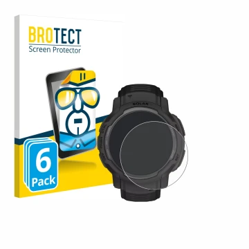 Front side of a product packaging with the brand logo BROTECT. Next to it is the device Garmin Instinct Crossover Solar shown 